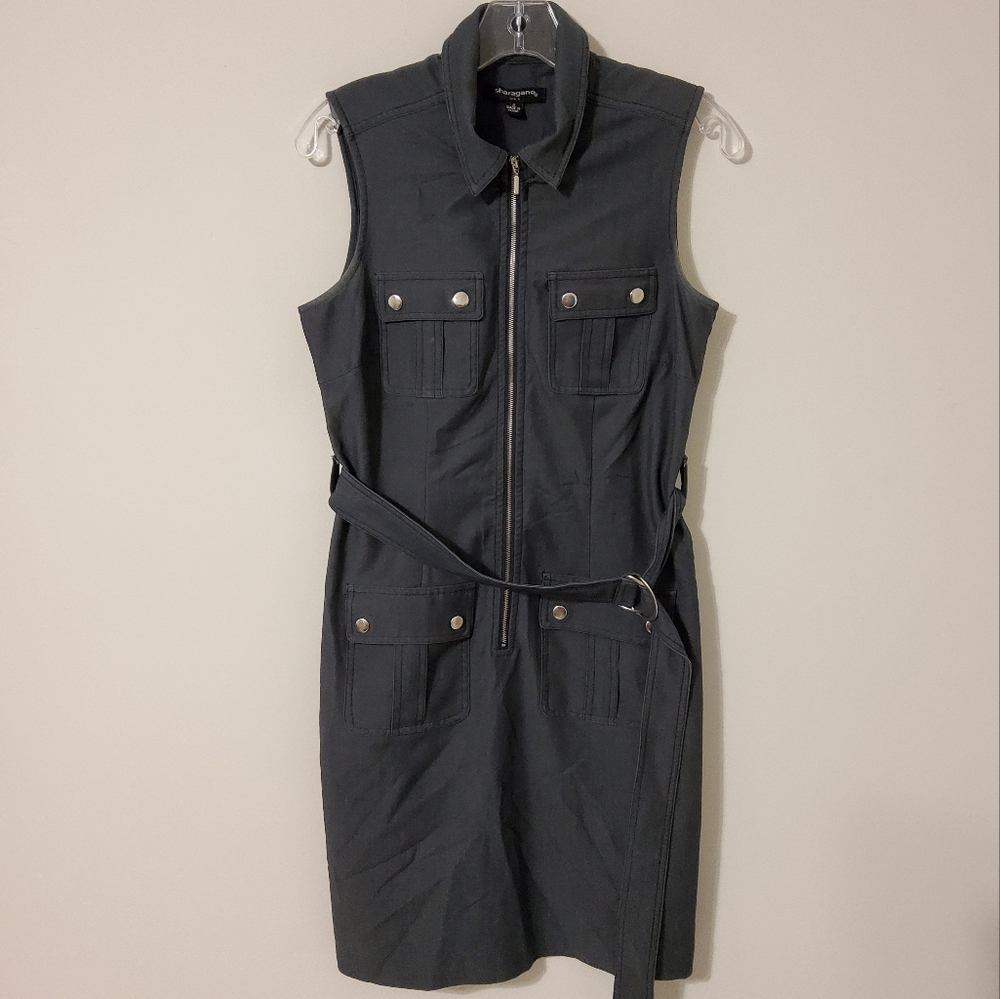 Sharagano Women's Zip Front Sleeveless Denim Cargo Shirt Dress Size 4